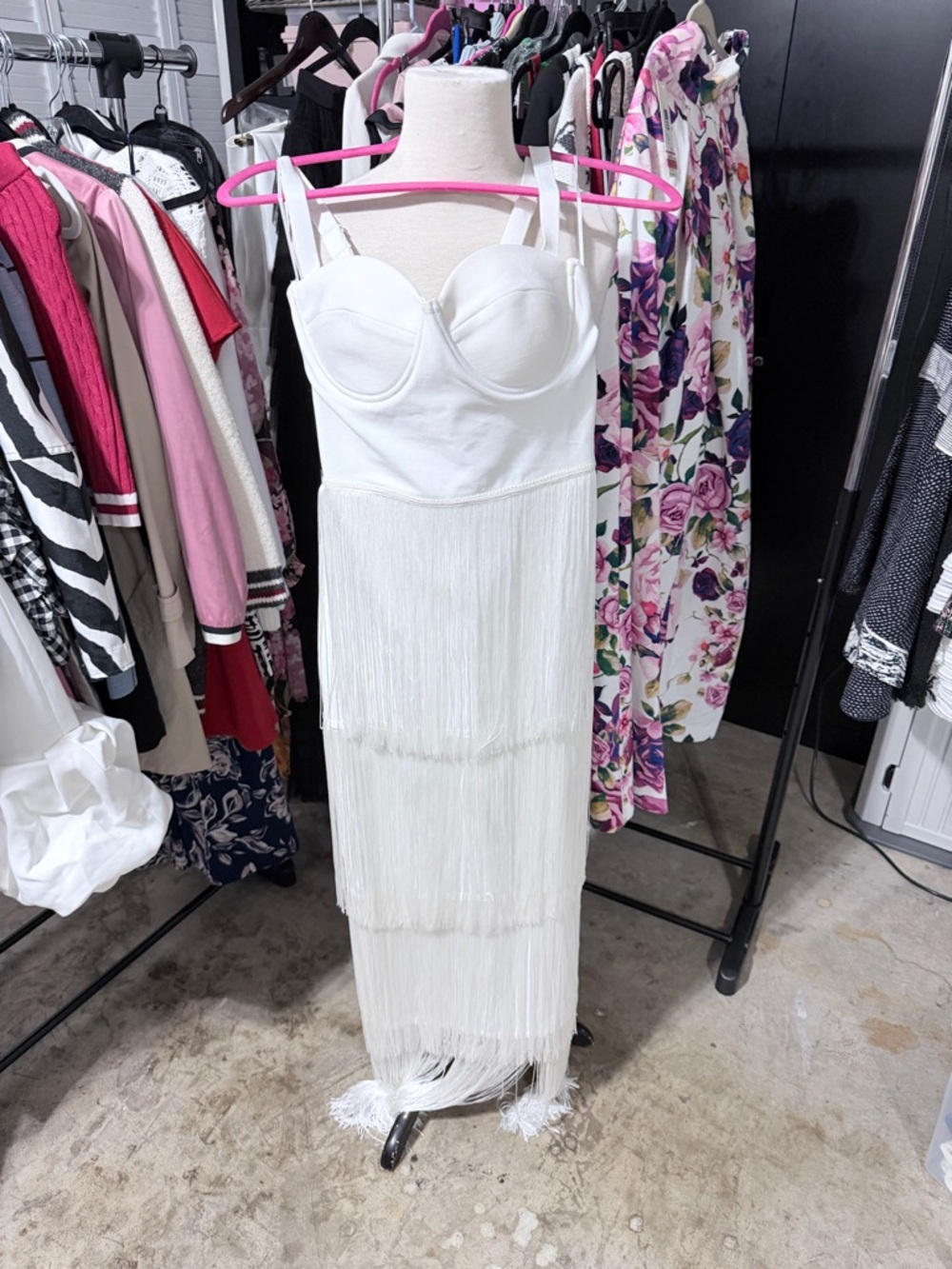 Fashion Nova White Fringe Maxi Dress with Bustier Top